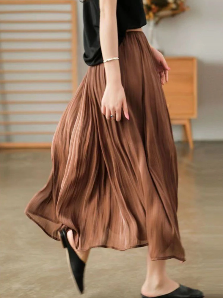 

Summer Women's Solid Color Long Skirt Elastic Waist Elegant A-line Skirts Lady Satin Voile Loose Casual Ankle Length Skirt Woman