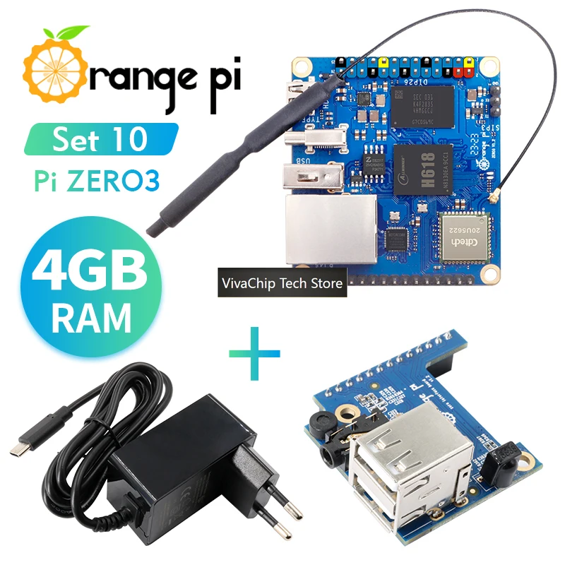 VivaCTOrange Pi Zero 3 4G+Extension Board+5V3A Type-C Power Supply Mini PC DDR4 H618 WiFi5+BT5.0 Orange Pi Zero3 Single Board Co