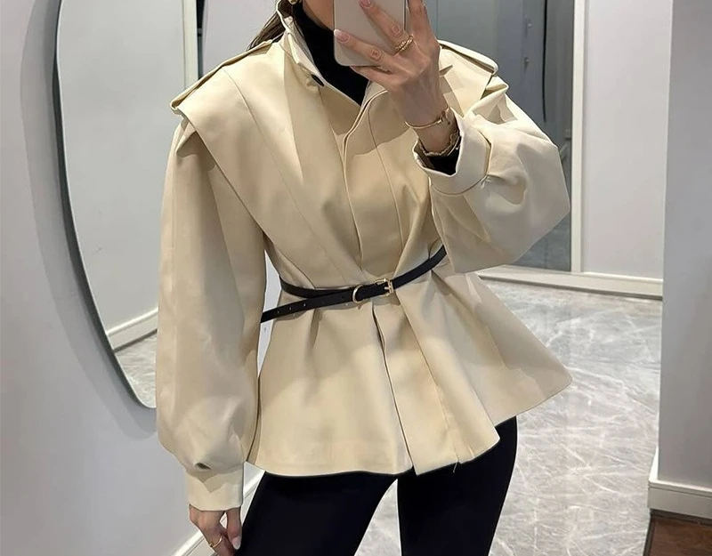 Women's Clothing 2025 Autumn New Collection Stand Up Collar Design Slim Fit and Irregular Short Windbreaker Jacket