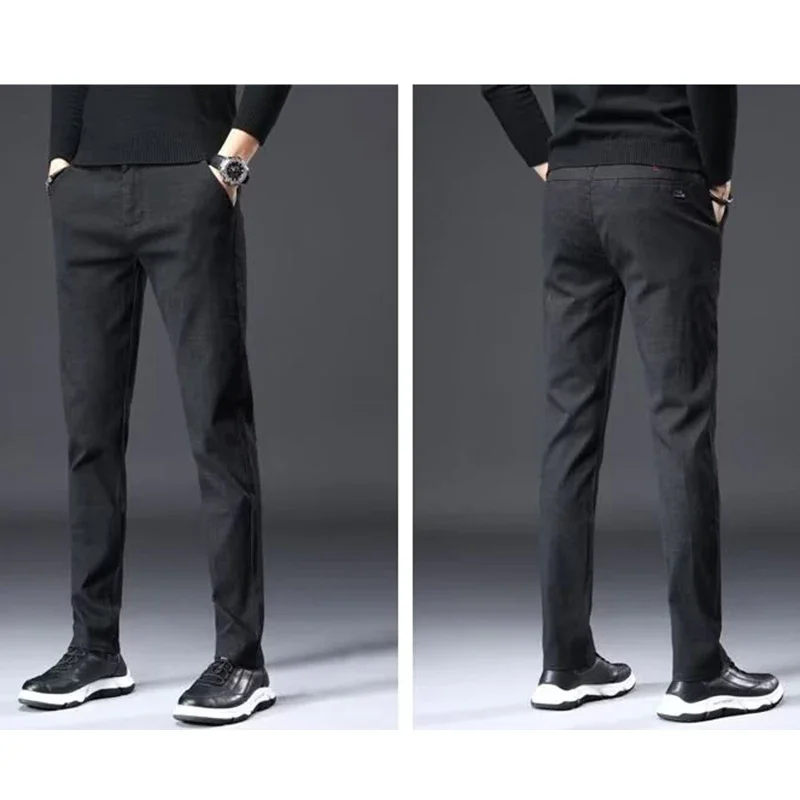 Autumn Winter Men\'s High Quality Brand Business Casual Pants Straight Leg Narrow Leg Fleece Thermal Elastic Waist Trousers Male