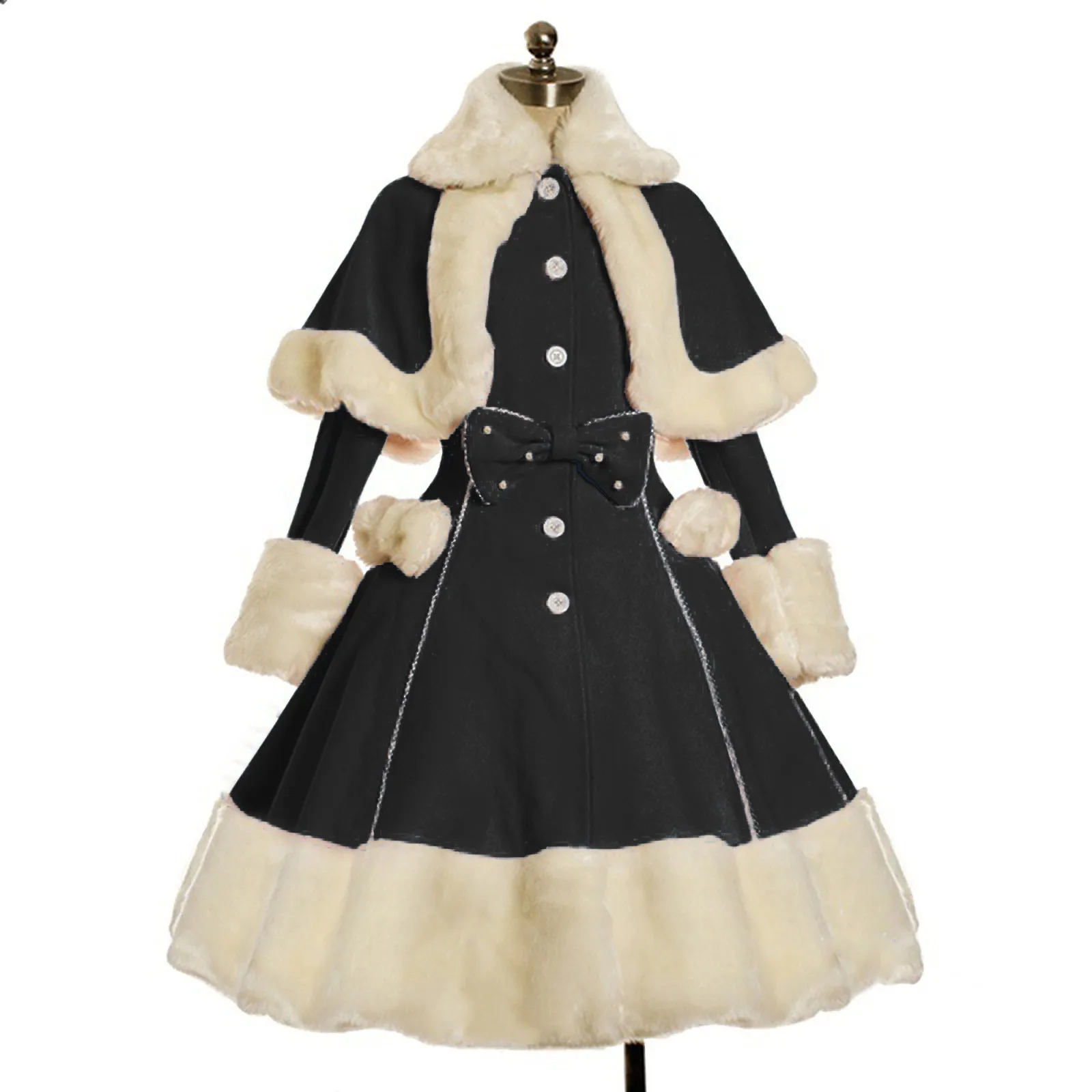 Vintage Gothic Lolita Dress Suit Women Fur Collar Long Sleeves Shawl Cute Single Breasted Winter Warm Thick Bow Dresses Costume