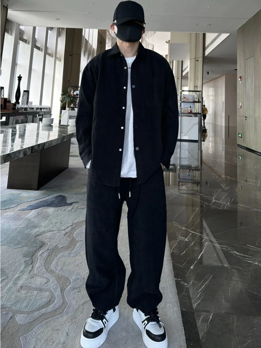 Spring Autumn Men's Casual Shirt Jacket Set Loose Fit Stylish Handsome Two Piece Suit Polyester Fiber Long Sleeve Cotton Blend