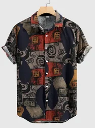 Men's fashionable loose geometric print, casual breathable lapel button up short sleeved shirt, suitable for summer outdoor acti