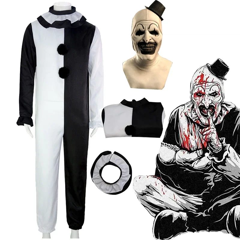 2025 NewClown Joker Cosplay Costume Mask Terrifier Jumpsuit Women Men Halloween Horror Black White Bodysuit TV Art The Clown AA