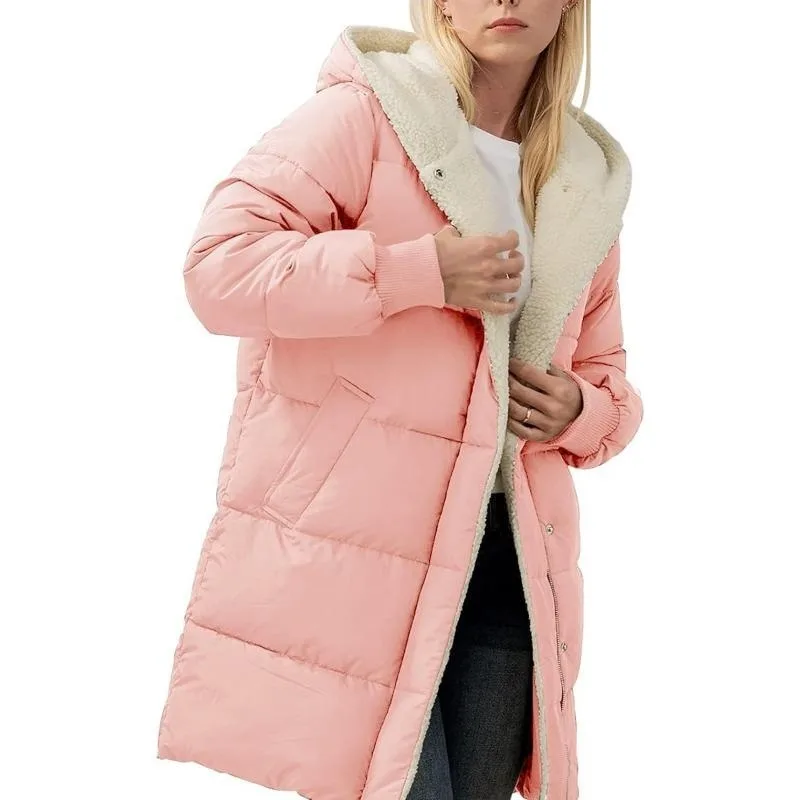 Women's Clothing Solid Warm Fleece Hooded Cotton Coat Long Sleeves Double-sided Velvet Slim Fit Elegant Cardigan Outerwear Top