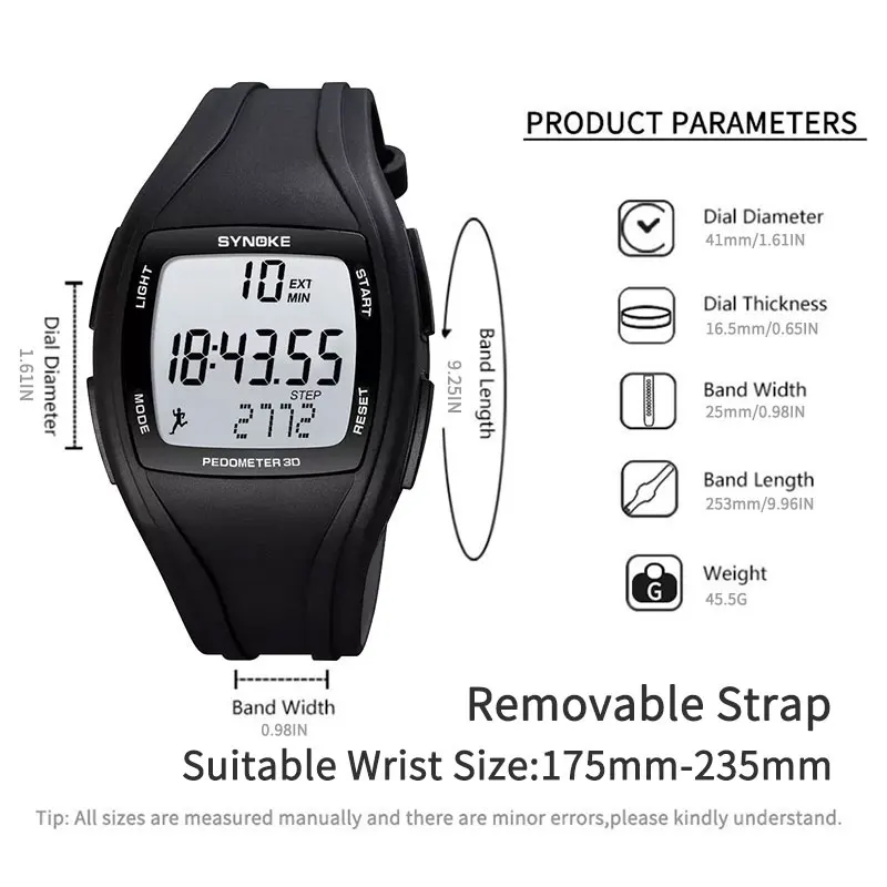 SYNOKE Digital Pedometer Watch Men Silicone Strap LED Electronic Display Luminous Multifunction Wristwatch Military Reloj Hombre