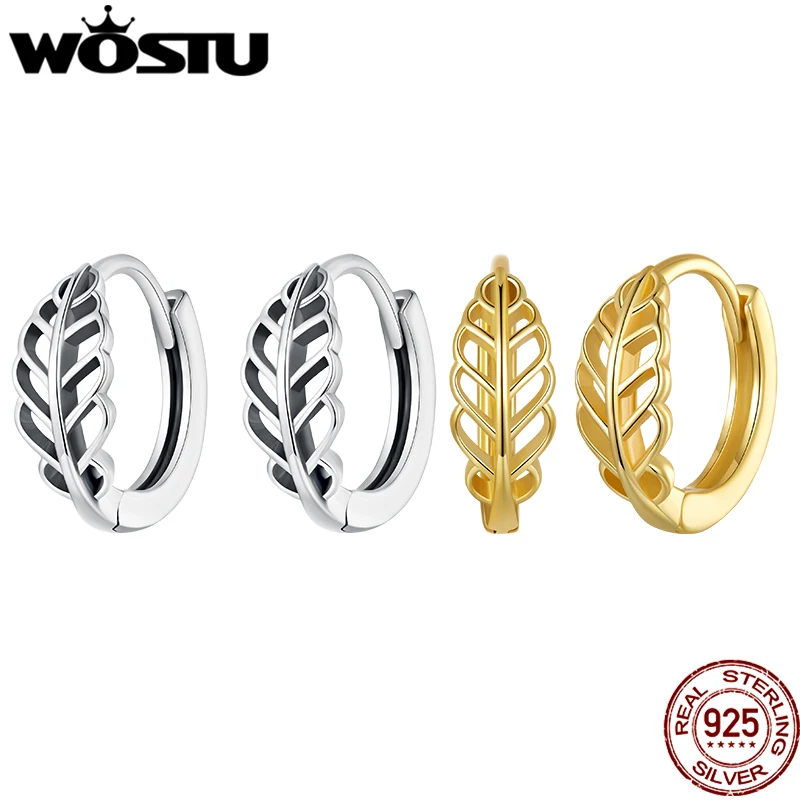 WOSTU Original 925 Sterling Silver Autumn Leaf Earrings Hollowed Ear Buckles Oxidized Silver Fine Jewelry For Women Party Gift