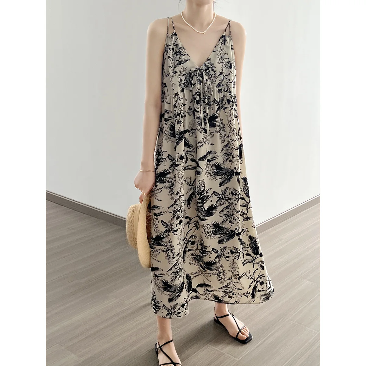 

Ink Print V-neck Halter Dress 2024 Summer New Lazy Long Floral Dress