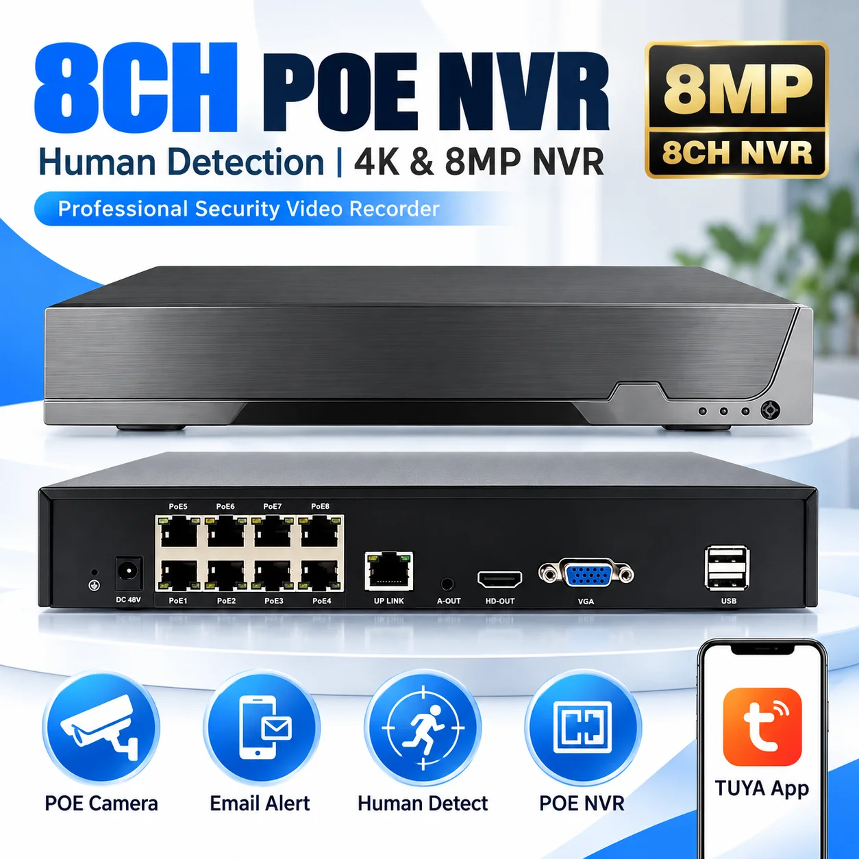 8CH PoE NVR 8MP 4K Network Video Recorder with AI Human Detection Tuya App Remote Viewing Email Alerts for IP CCTV Camera System