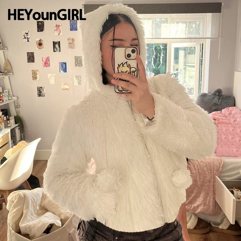 HEYounGIRL Winter Fashion Faux Fur Crop Jacket White Pom-Pom Hooded Zipper Coat Women Streetwear Outfits Warm Casual Outwear