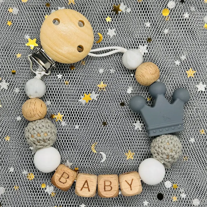 HOT Custom Name Wooden Personalized Beech Baby Pacifier Chain Clip Silicone Bead Nipple Holder Teether Pendant Newborn Toys Gift