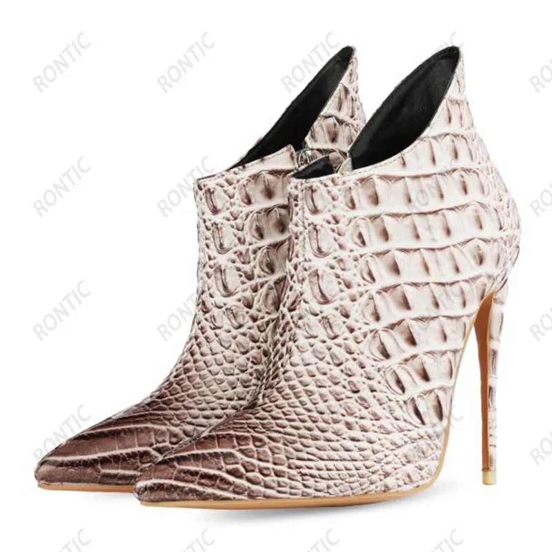 Ahhlsion Women Winter Ankle Boots Crocodile Pattern Stiletto Heels Pointed Toe Pretty Purple Beige Shoes US Plus Size 4-13