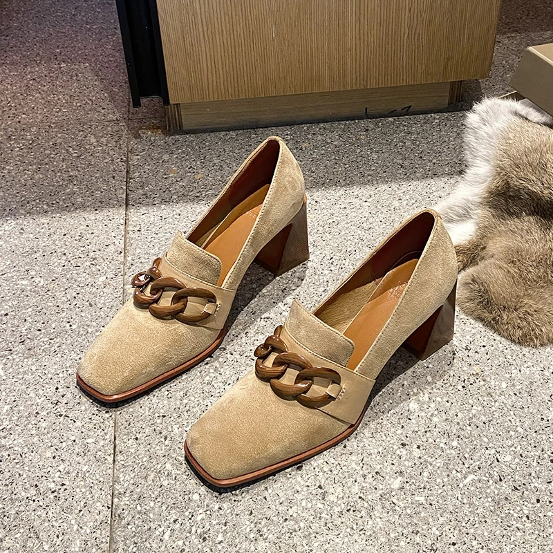 Women Pumps Natural Suede Leather Shoes Plus Size 2023 Spring Thick High Heels Genuine Leather Shallow Ladies Party Luxury Shoes