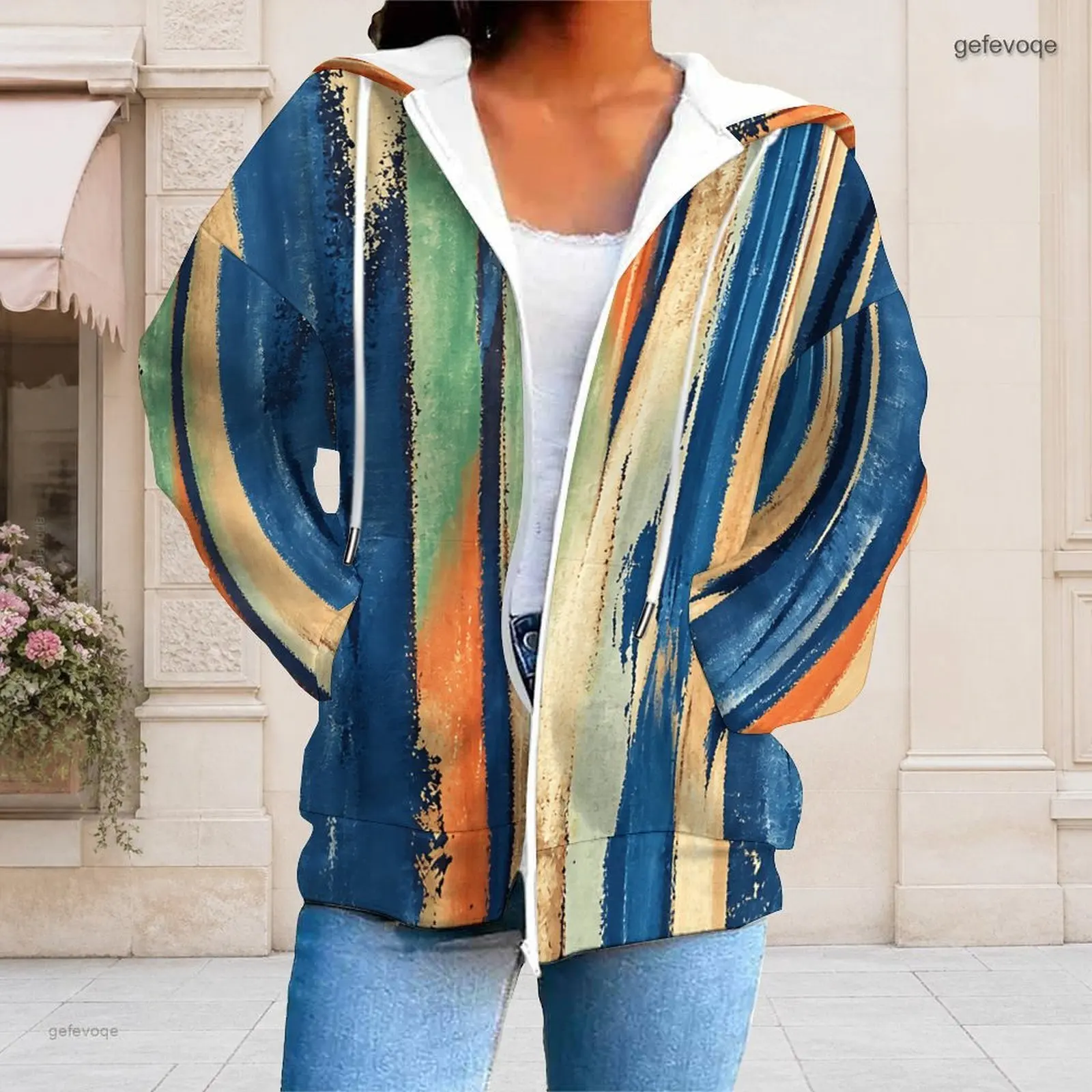 Women Blue Green Orange Beige Abstract Brush Stripe Printed Zip Up Long Sleeve Hoodie