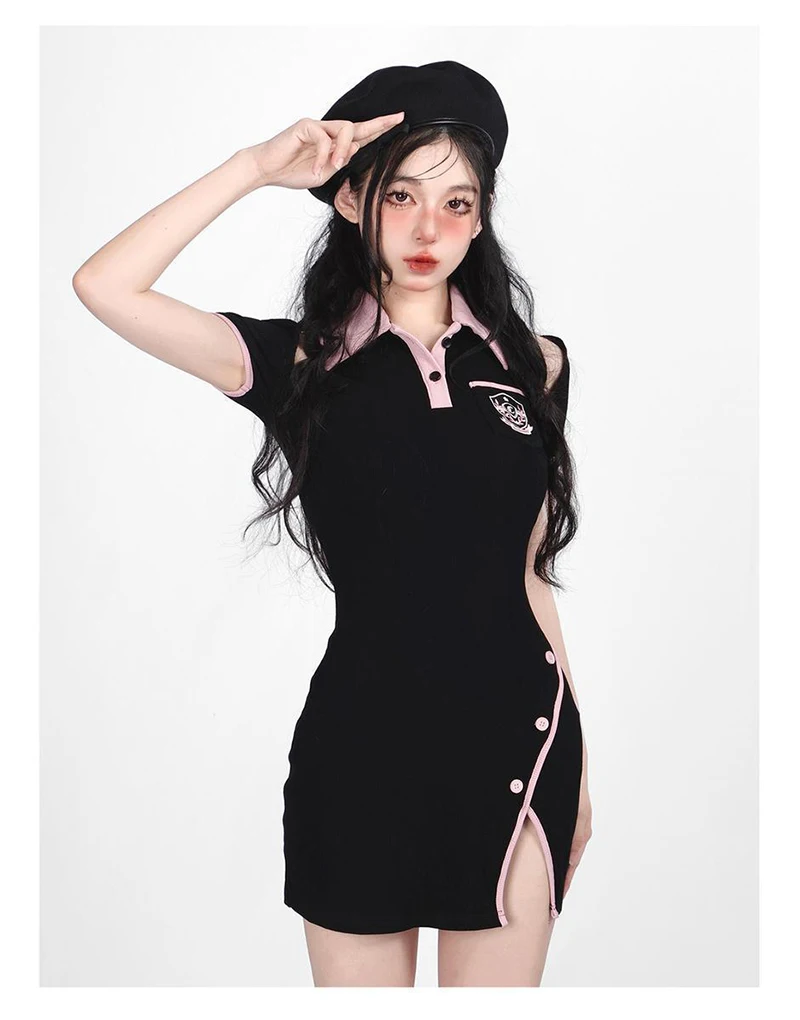 Hot Girl Korean Dresses Women Streetwear Clothes Embroidery Polo Short Sleeved Bag Hip Black Summer Mini Dress Women