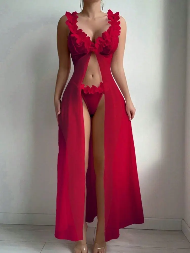 Pink Floral Lace See Through Nightgowns Women Sexy Lingerie Dress Nighties Exotic Babydolls Slip Nightdress Deep-V Lace Mesh view 6