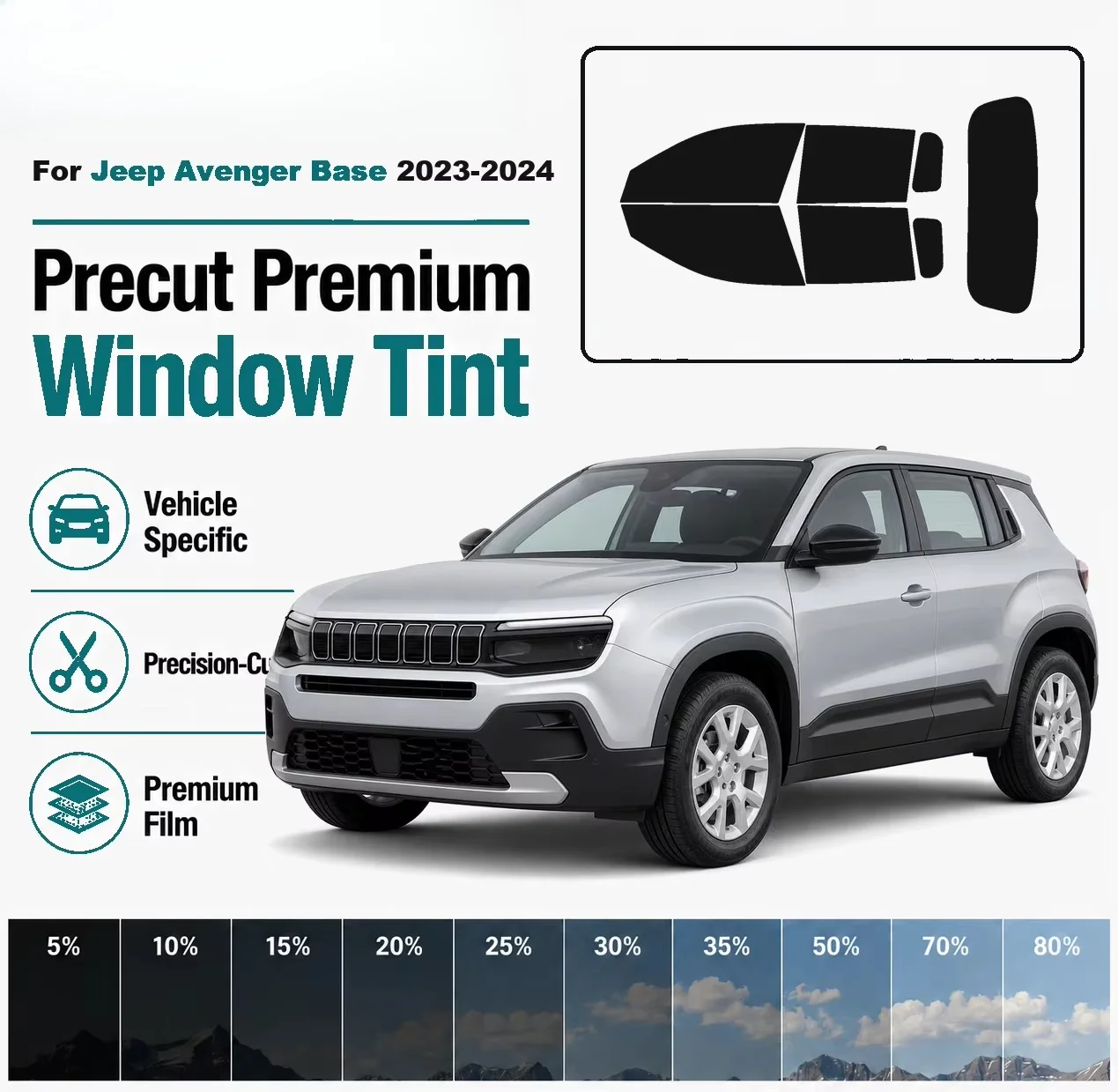 For Jeep Avenger Base 2023-2024 Pre-Cut Window Tint Film Vehicle-Specific Full Kit Front & Rear Windows Precision-Cut
