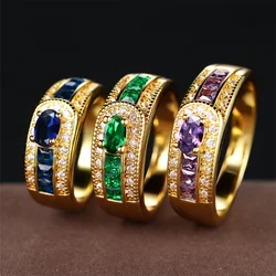 Blue Purple Crystal Oval Stone Ring Green Zircon Engagement Rings For Women Men Vintage Gold Color Wedding Bands Fashion Jewelry