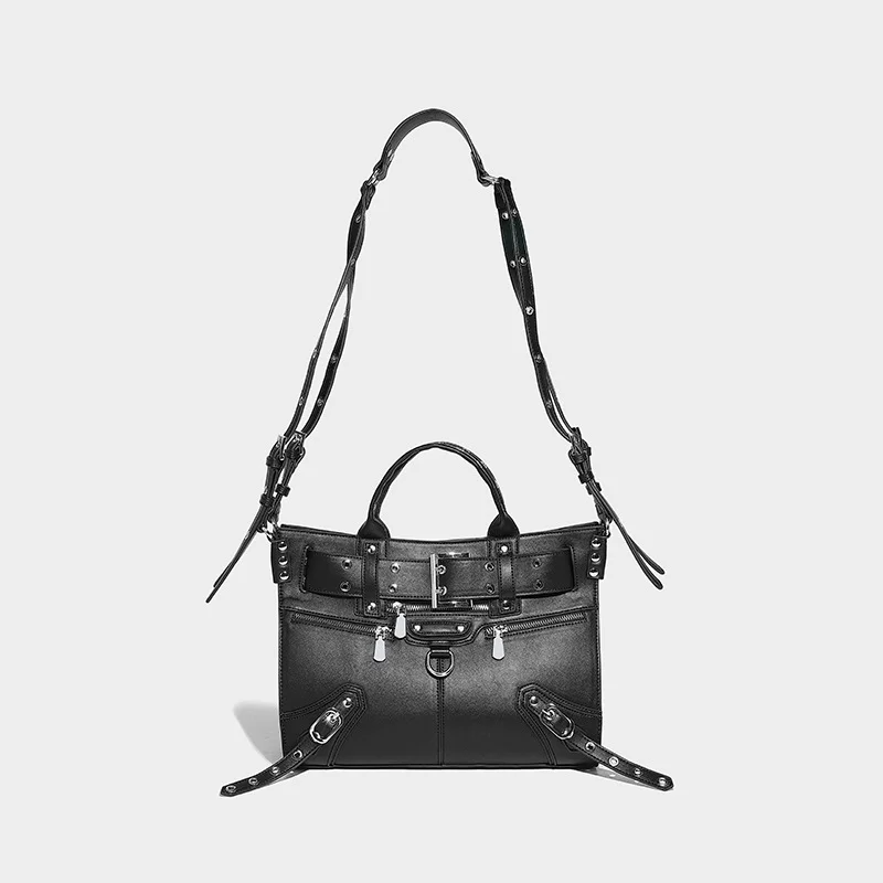 JIOMAY Women Black Goth Bag 2024 Fashion Woman Ladies Moto and Biker Style Shoulder Bag Rivet Belt Large Capacity Tote Bag