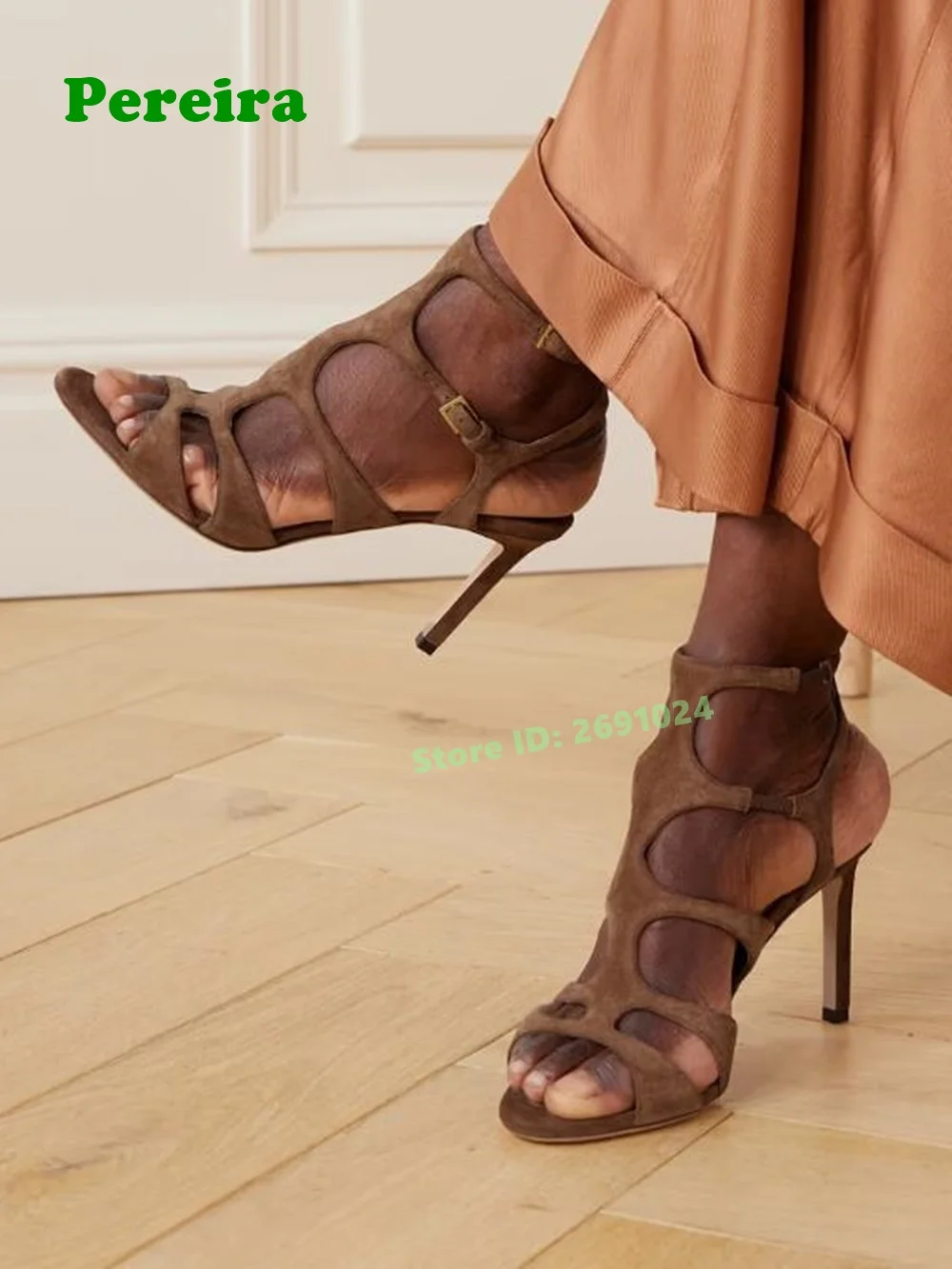 

Cut Out Buckle Sandals Open Toe Stiletto Heels Women's Sandals Thin High Heeled Brown Suede Casual Summer Shoes Party Runway