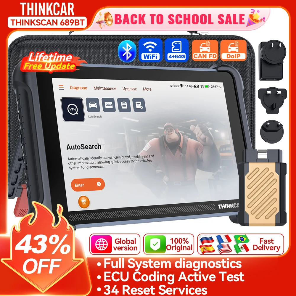 Thinkcar thinkcscan 689bt canfd doip obd2 ferramenta de diagnóstico 34 redefinir scanner de carro sistema completo ecu codificação varredura de controle bidirecional