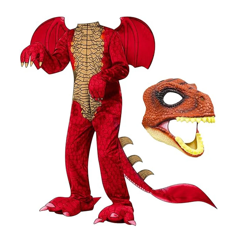 Jongens T Rex Dragon Jumpsuit Met Bewegende Kaak Masker Verkleedkleding Halloween Dinosaurus Kostuum Voor Kinderen