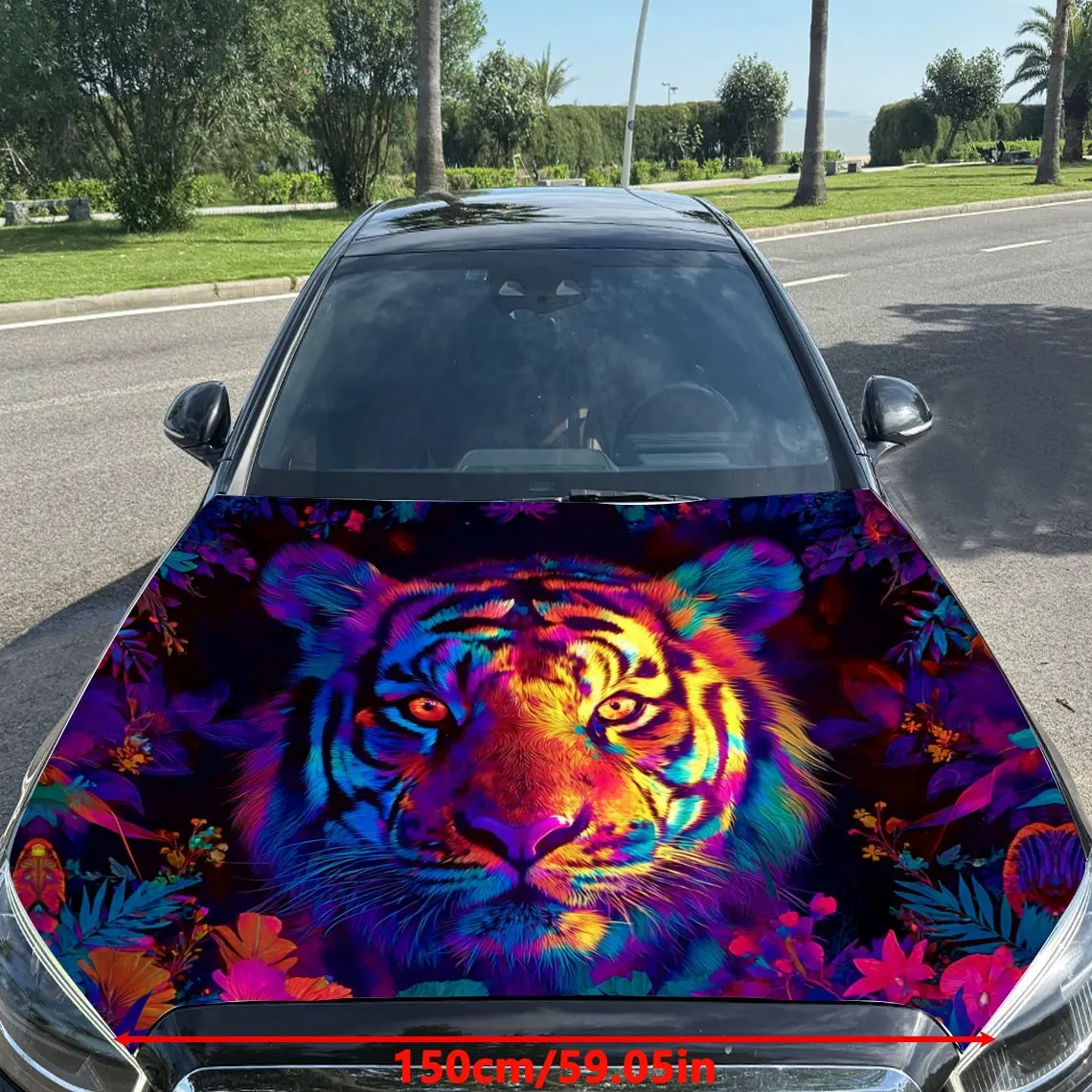 Dreamy Neon Tiger and Colorful Flower Cluster Car Vinyl Wrap, PVC Material Waterproof Car Hood Sticker, Self-Adhesive Scratch-Re