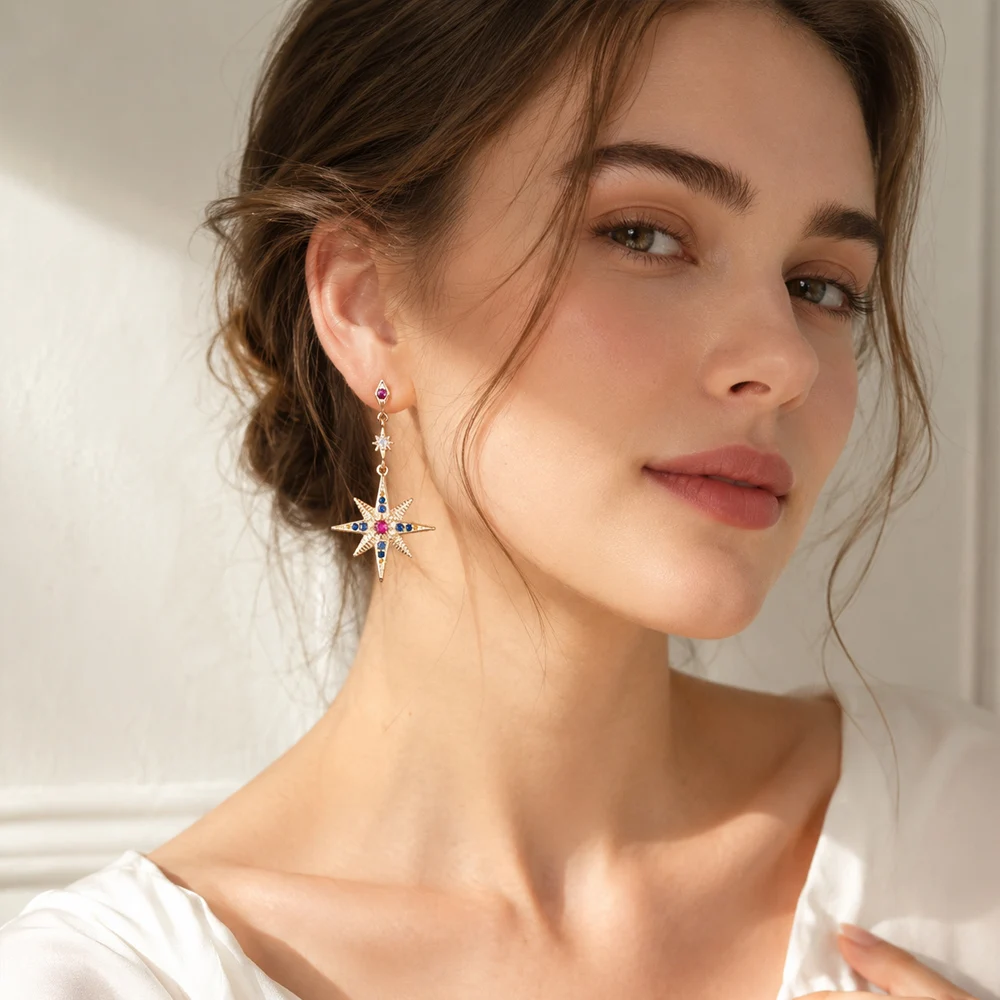 Tropfenohrring Stern & Mond Vintage Geschenk für Frauen Hochwertige Roségoldfarbe 925er Sterlingsilber Modeschmuck – Detail 1