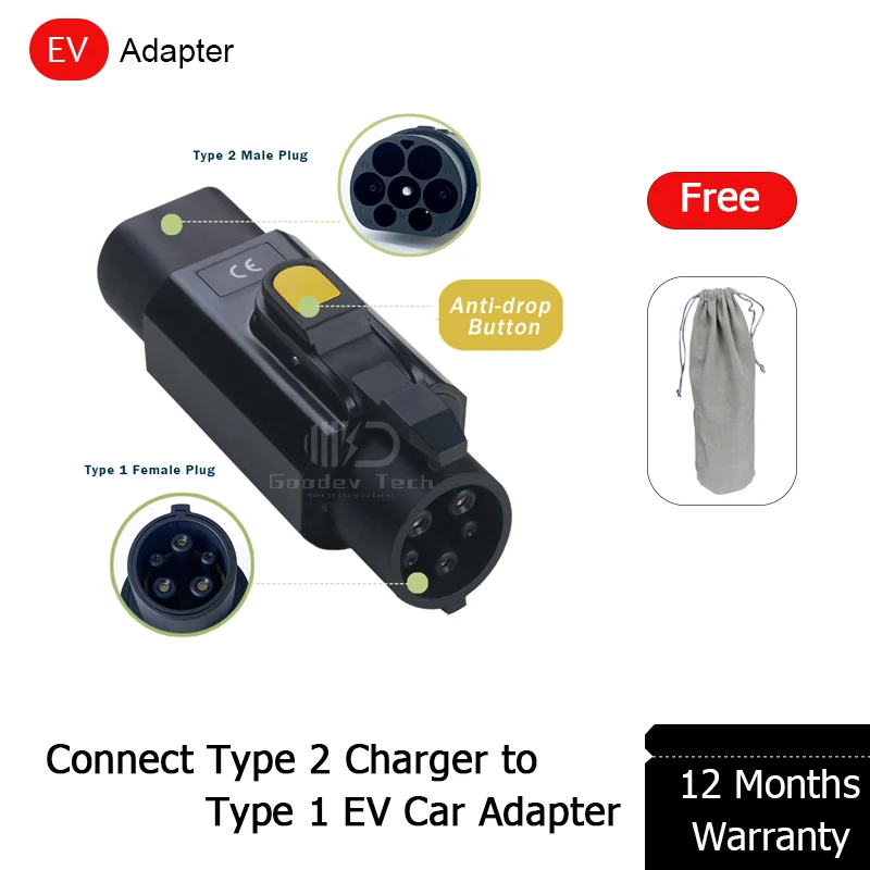 Electric Vehicle Charging Connector Type 2 to Type 1 J1772 Type 2 to GBT EV Adapter With Anti-Drop Button For EVSE Charging