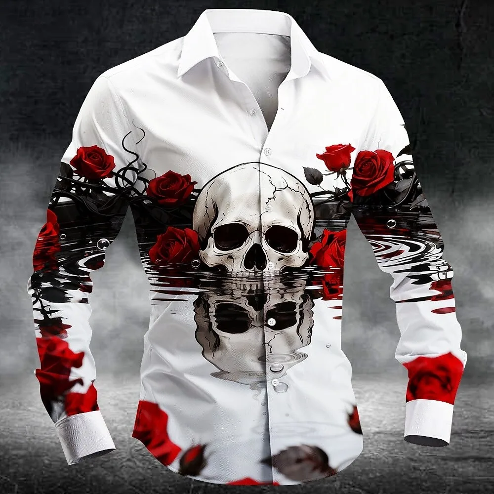 Nieuw herenoverhemd met 3D-schedelprint, knopen en lange mouwen, diepe punk, gotische bloemstijl, outdoor vakantiekraag, overhemdtop