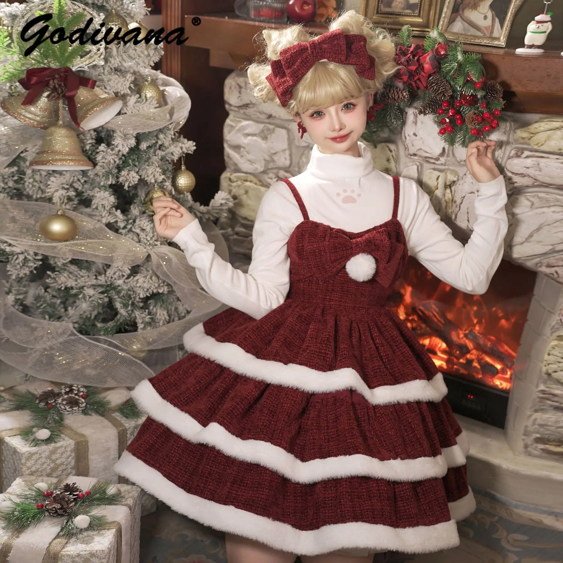 

Новогодний рождественский комплект платья Лолиты для девочек, женское милое бордовое меховое платье на подтяжках и плащ, комплект из двух предметов, наряды