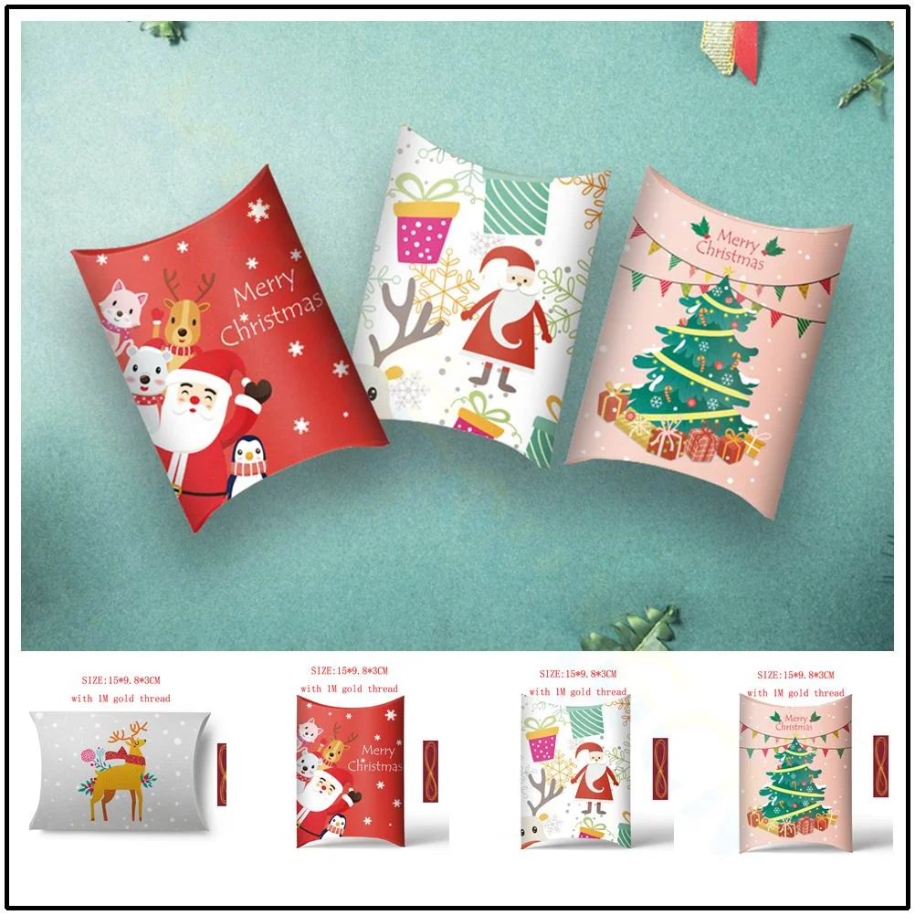 10pcs Christmas Kraft Paper Box Pillow Shape Candy Box Merry Christmas Favor Gift Boxes For Kid Happy New Year Navidad with line