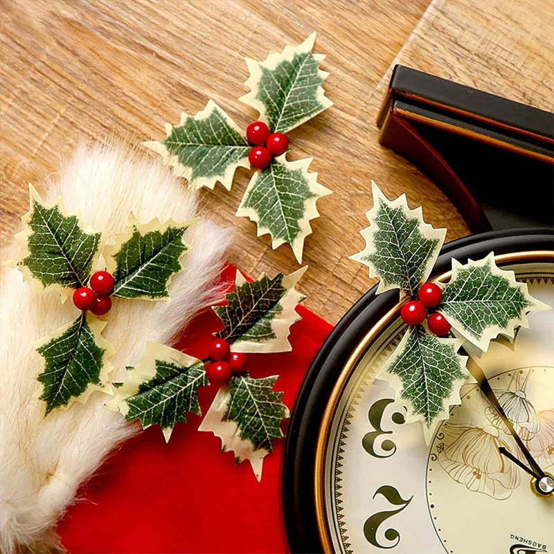 10 قطع من أعواد توت عيد الميلاد الاصطناعية، أوراق شتوية خضراء لعيد الميلاد إكليل الكيك توبر هدية صندوق الديكور لوازم الحرف اليدوية