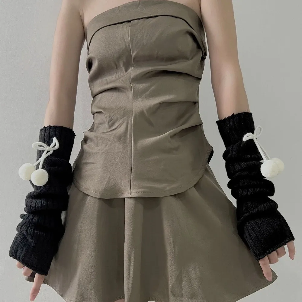 Fashion Long Arm Warmer Gloves Knitted Cute Furry Ball Warm Arm Sleeve Cold Proof Fingerless Gloves Autumn Winter