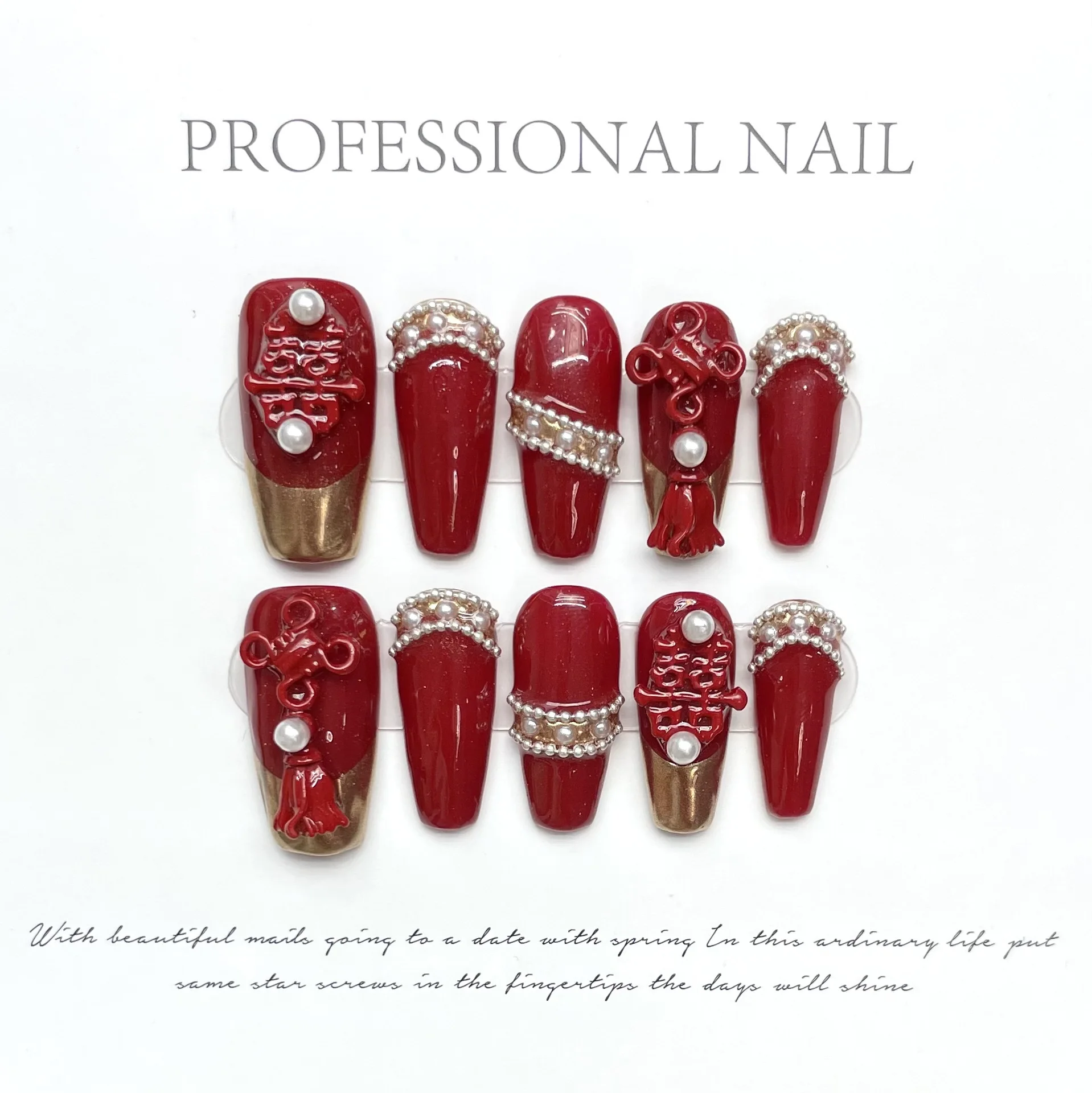 Long Red Handmade Fake Nails Chinese New Year Wealth Designs Full Cover Press on Nails Reusable Square False Nails for Women