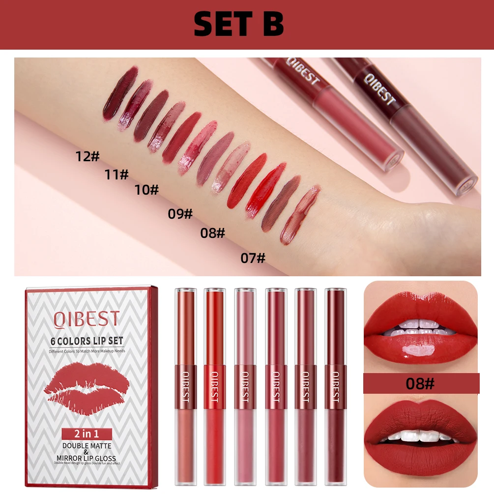 QIBEST Double-head Matte Velvet  Liquid Lipstick Long Lasting Non-Stick Cup Nude Mirror Lipgloss For Women Lips Makeup Cosmetics