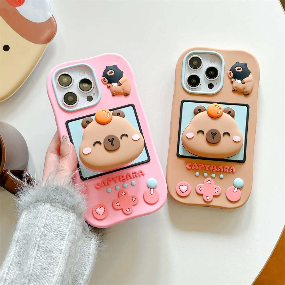 Cartoon 3D Capybara Holder Phone Case Y2K Anti Fall Soft Silicone Case For iPhone 16 Pro Max 15 14 Plus 13 12 Pro Max 11