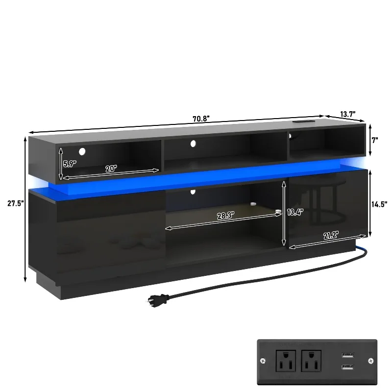 LED TV Stand for 80 Inch TV, Modern Tall Entertainment Center with Power Outlets, High Gloss TV Stand, Gaming TV Media