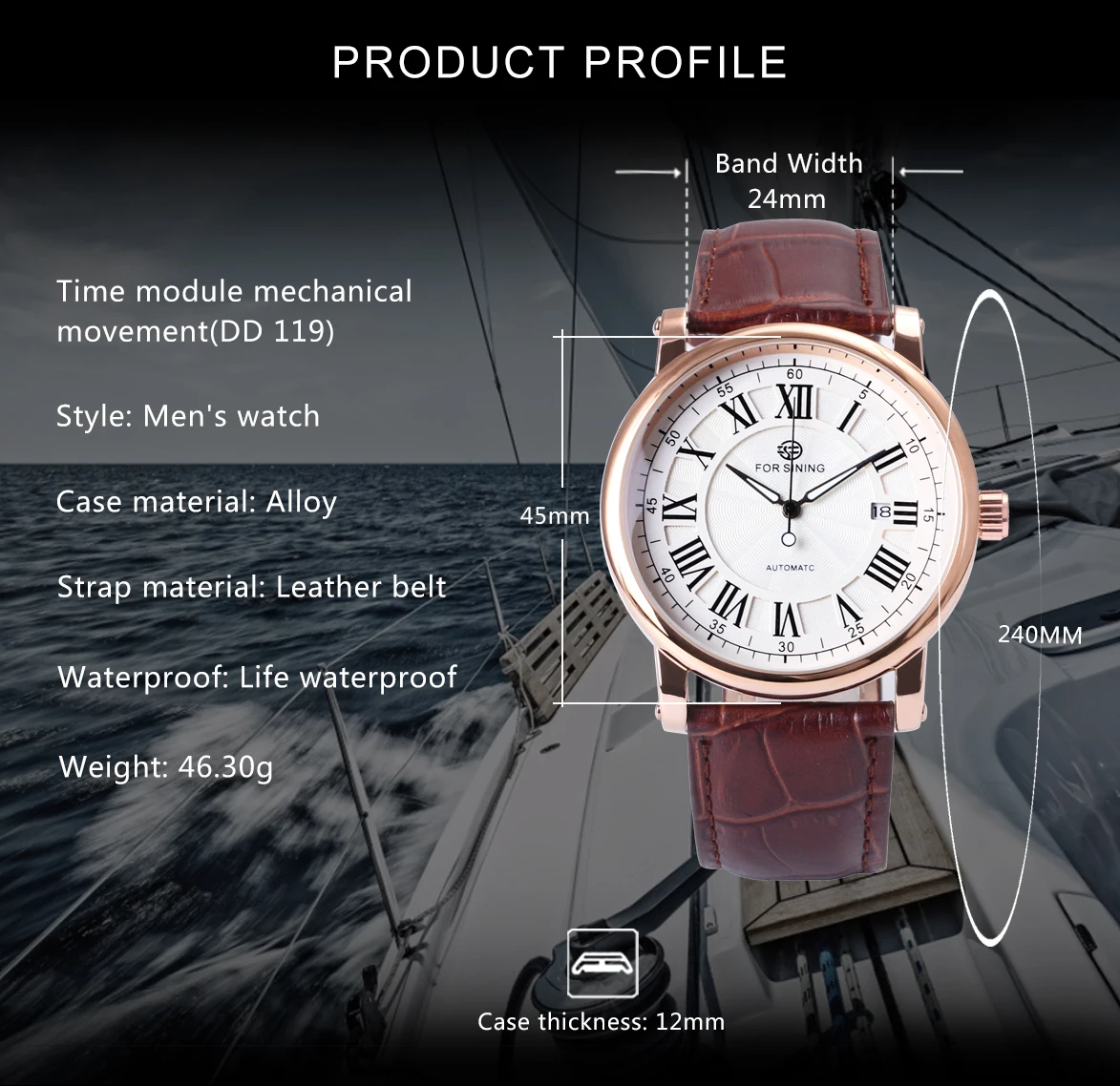 Forsining Classic Retro Automatic Mens Watch Rose Gold Case Calendar Luxury Brand Brown Leather Belt Business Mechanical Watches