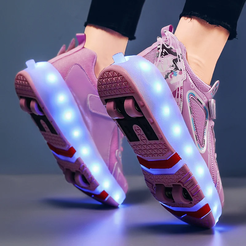 Children’s High Top Four Wheels Luminous Glowing Sneakers Led Light Roller Skate Boots Kids Casual Shoes Boys Girls USB Charging