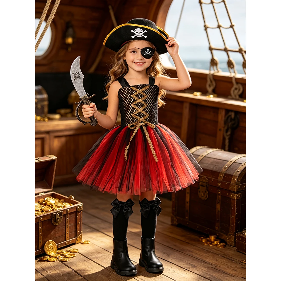 Girls Pirate Captain Princess Dress Fluffy Tutu Kids Ball Gown Halloween Cosplay Party Masquerade Performance Children's Costume