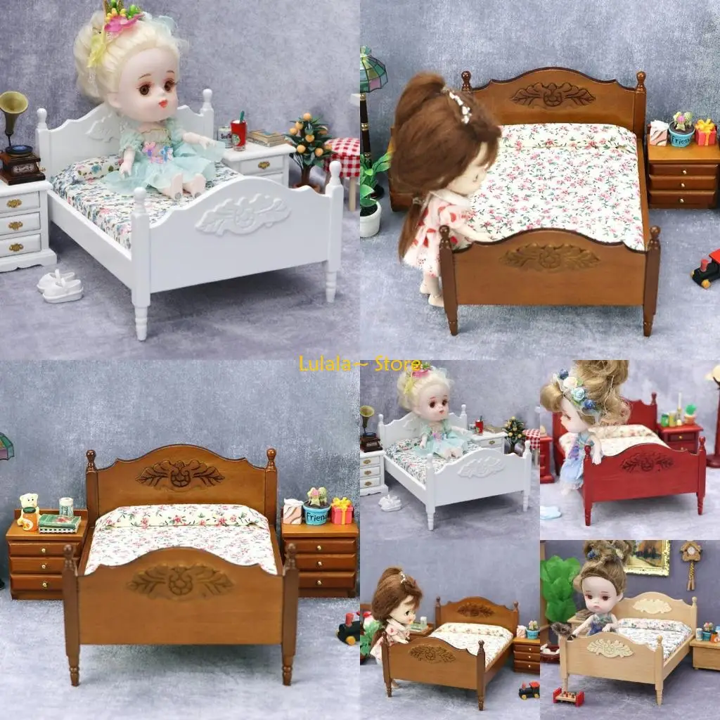 Y4QA sypialnia do zabawy zabawka udawaj, że bawisz się łóżkiem dla mebli do domku dla lalek realistyczny miniaturowy model łóżko