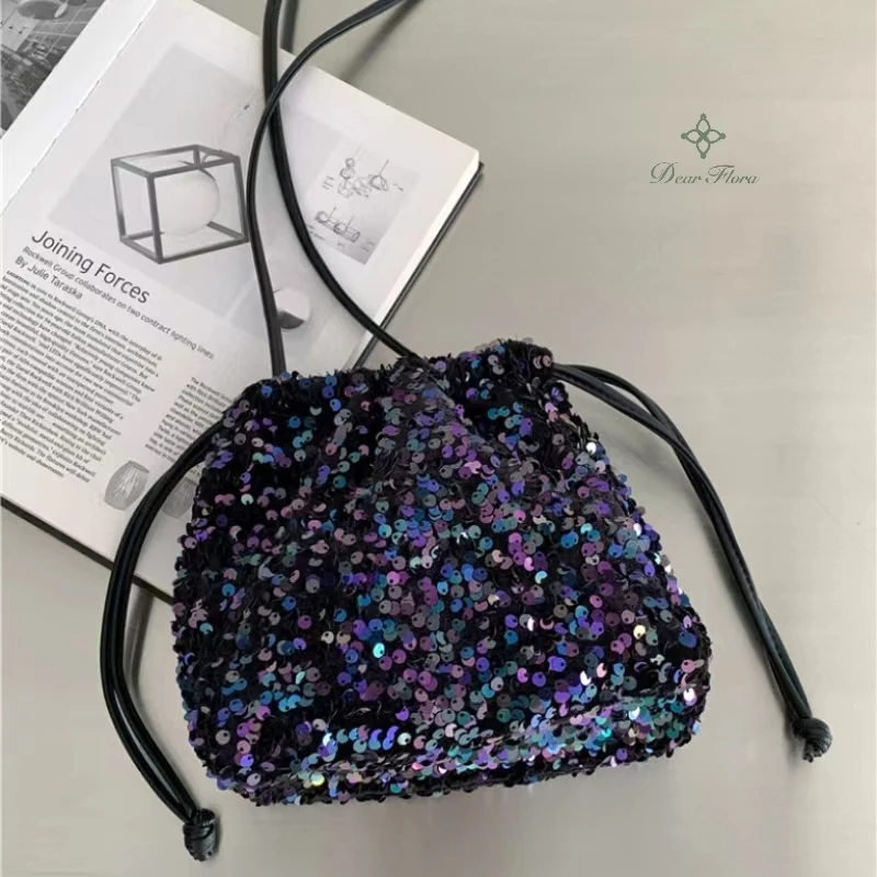 New Trendy Versatile Sequin Crossbody Bags High Quality Women Drawstring Pleated Shoulder Bags Luxury Soft Bucket Handbags Party