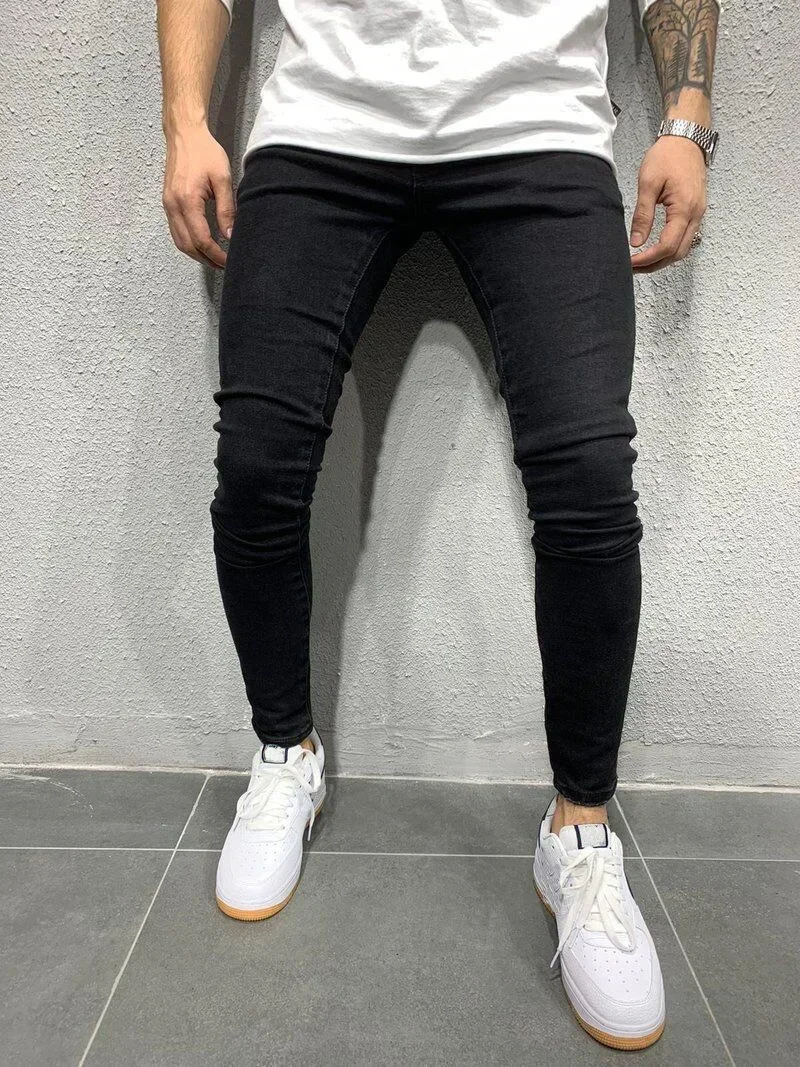 Men Jeans Denim Pencil Pants Sheath Ankle Length Washing Solid Slim Fit Pockets Slight Strech Mid Waist High Street 2025