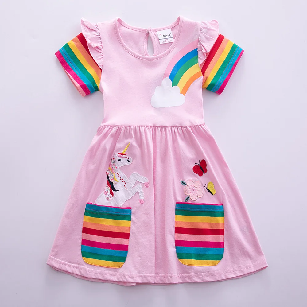 Girls\' Short Sleeve Unicorn Dress New Summer Embroidered Two Pockets Rainbow Sleeve Children\'s SH81035