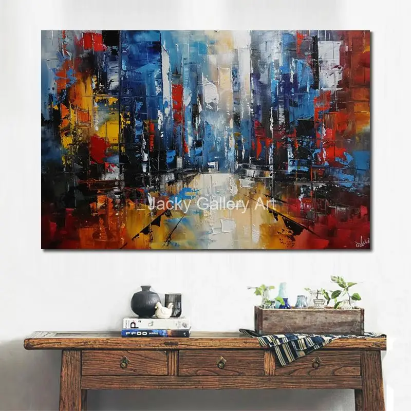 Contemporary Cityscape Canvas Art Abstract Oil Painting Handmade City Skyline Textured Artwork Living Room Decor Colorful Large