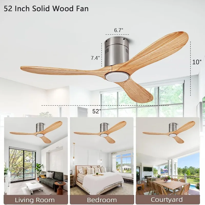 Light with 6 Speed Remote/APP Control, Solid Wood Fan Blade, 3CCT Dimmable LED, Noiseless, Bedroom, Hallway