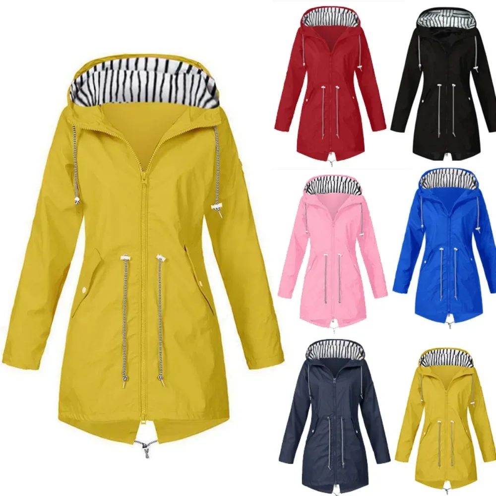 2024 nuove donne Solid Rain Jacket Outdoor escursionismo felpa con cappuccio impermeabile antivento lungo cappotto caldo Outwear abbigliamento giacca a vento 5XL
