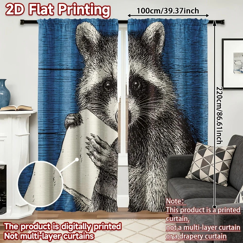 Funny Raccoon Curtain, Holding Towel Sketch Print Drape, Cartoon Animal Window Treatment for Bathroom Kids Room Living Room Home