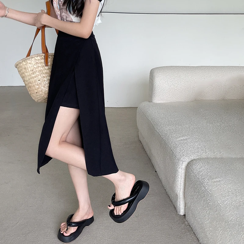 イレギュラー スリット ブラック スカート レディース 夏 ミドル丈 Aライン スカート ハイウエスト ヒップスカート